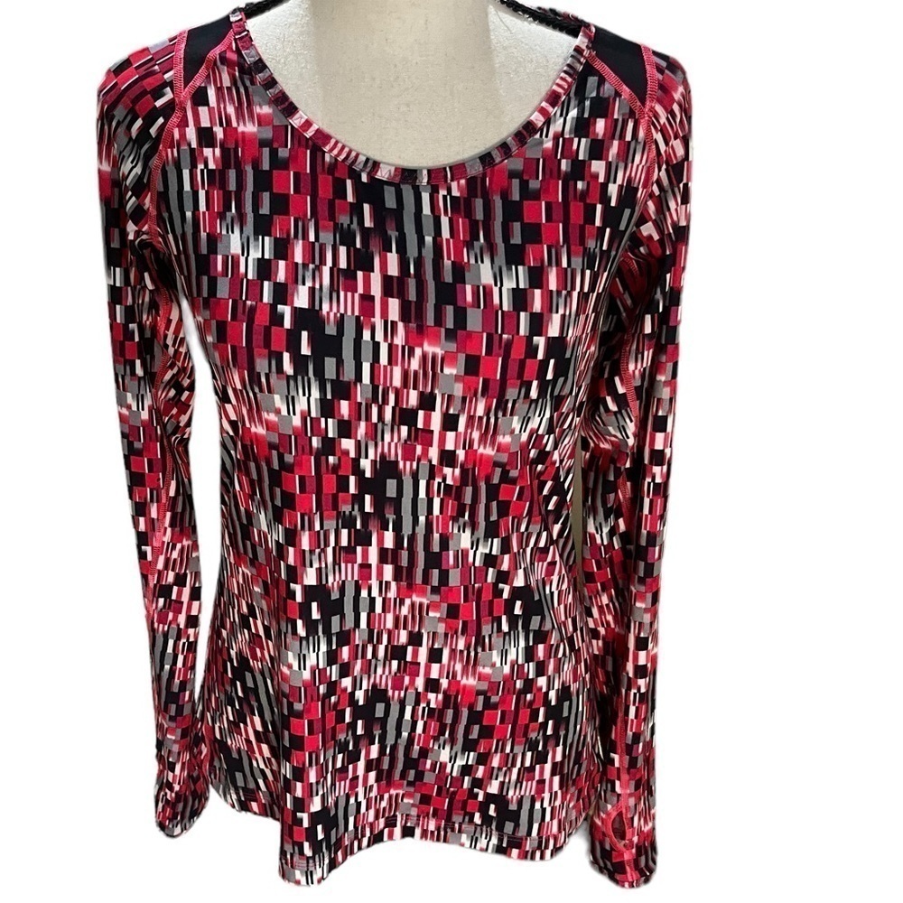 Columbia Dry Wick Long Sleeve Athletic Top Geo Print Thumb Holes Red/Black Sz S